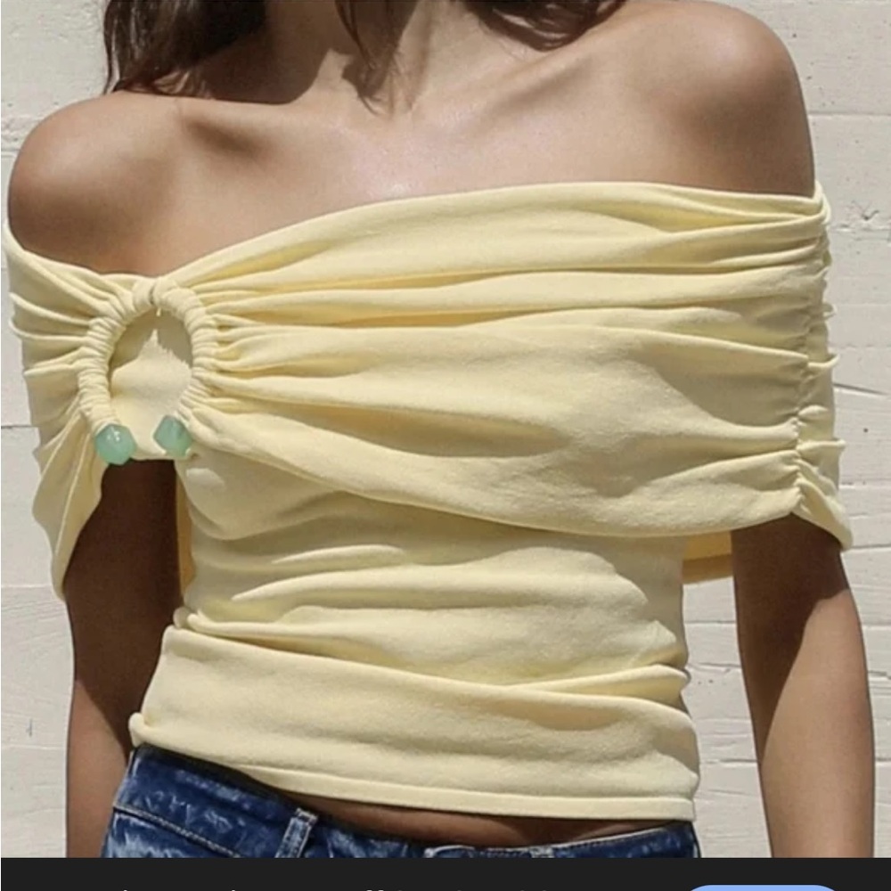 Zara Pale Yellow Off-Shoulder Ruched Top